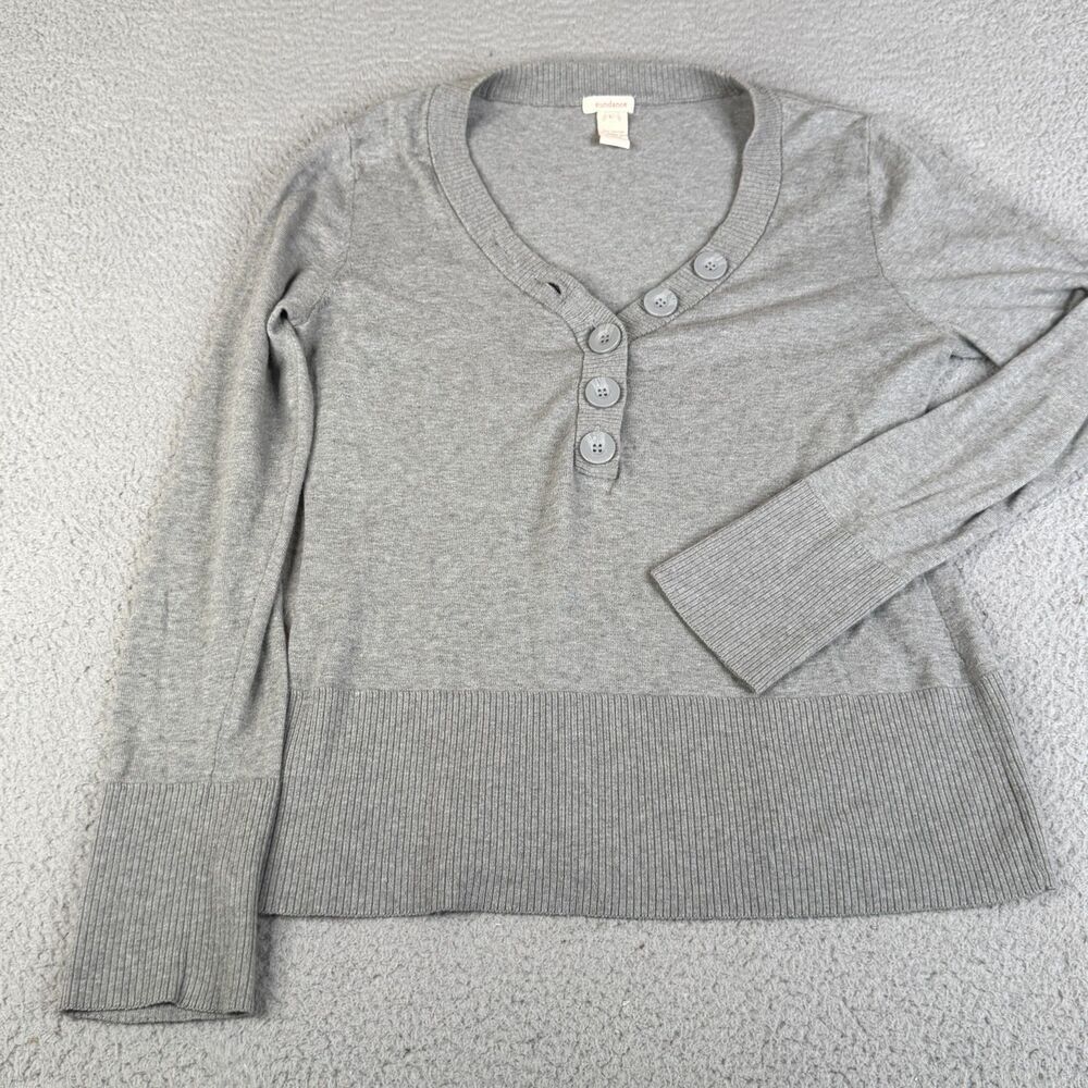 SUNDANCE Sweater Women Large Gray Cotton Rabbit Hair Henley V Neck Button Ribbed
